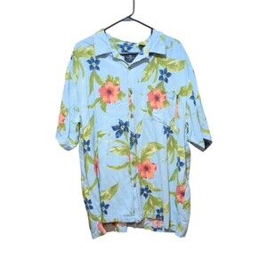Caribbean Joe Shirt Mens XXL Blue Orange Flowers Hawaiian See Pictures